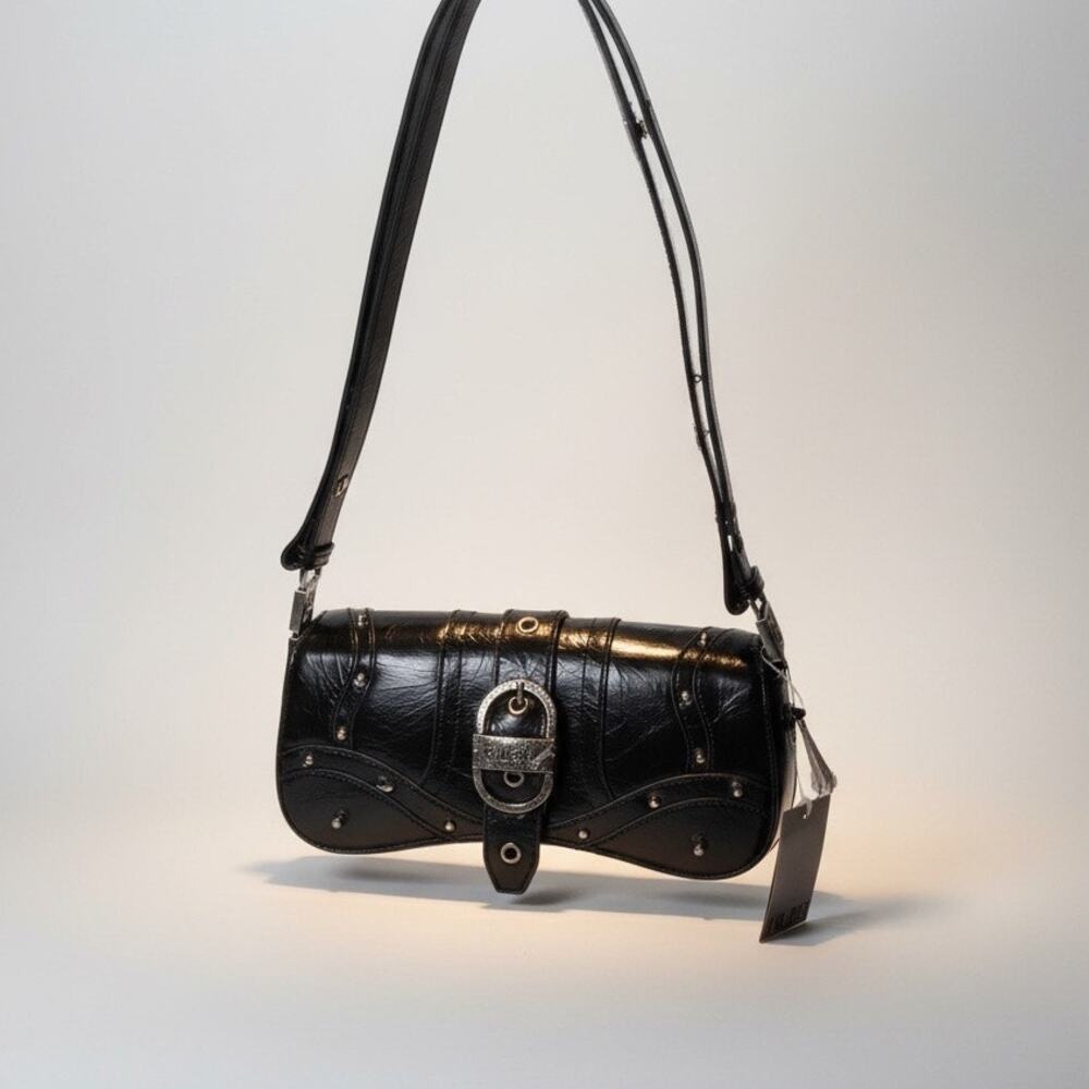 JW PEI Black PU Leather Metal Stud Bag Zippers Tassels Double Handle